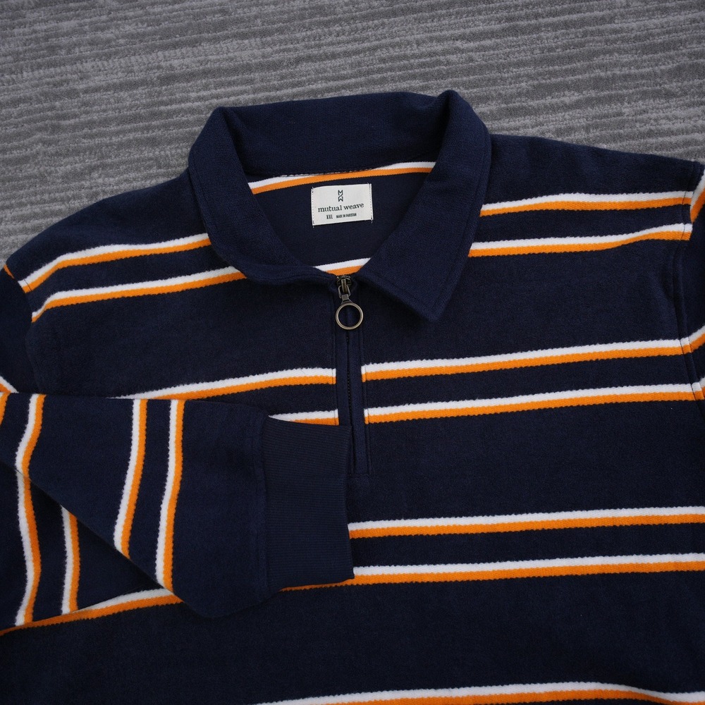 Mutual Weave Men Quarter Zip Pullover Navy‎ Blue Orange Striped Fleece New 2XL